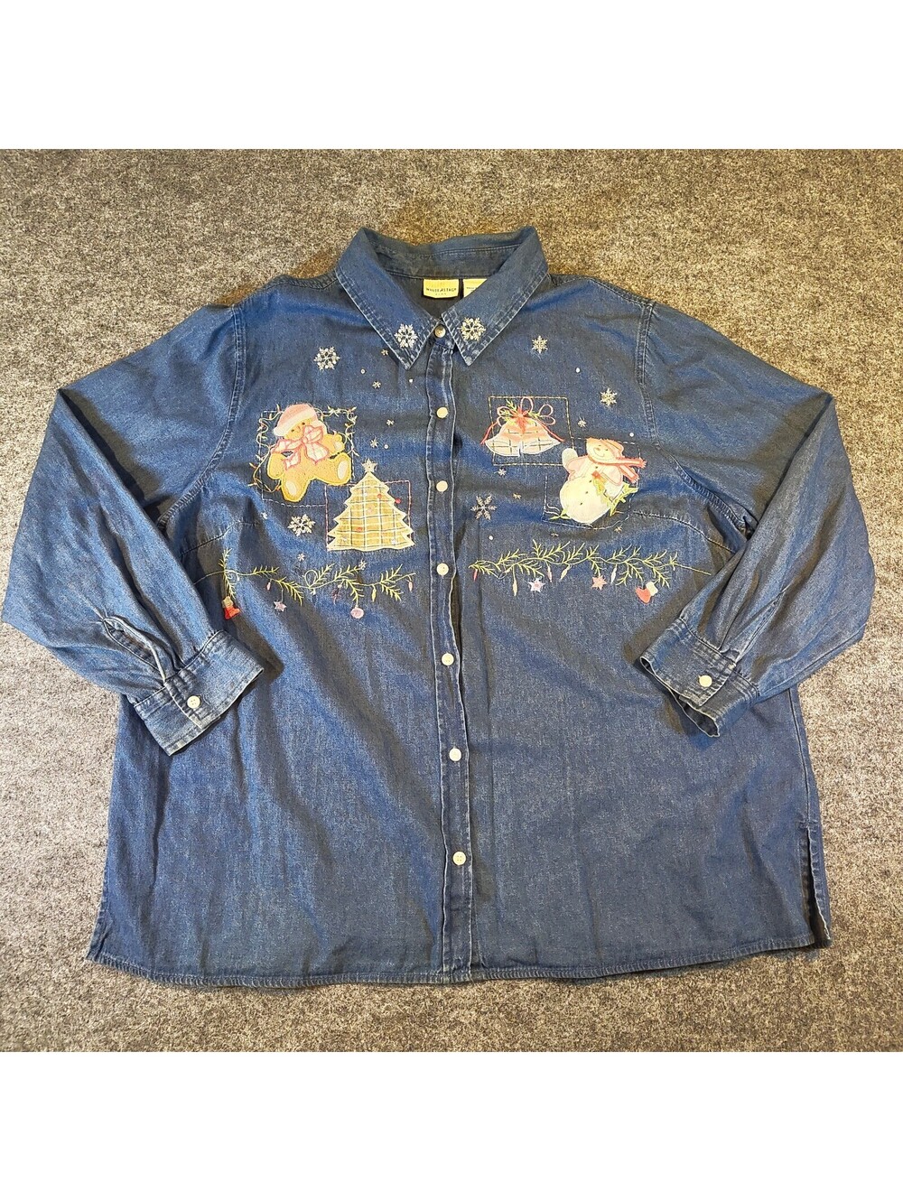 White Stag Plus Holiday Christmas Denim Shirt Embroidered Snowman Bear 18W 20W
